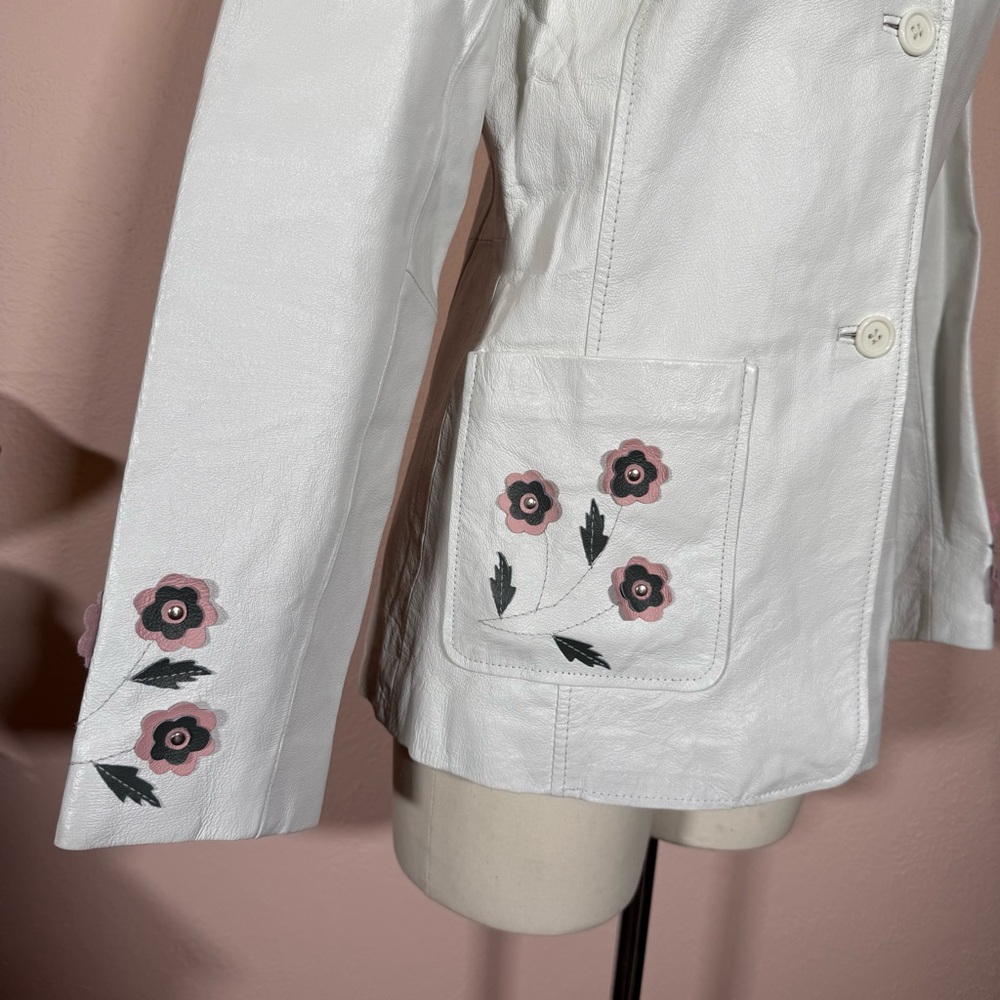 Vintage White Leather feminine appliqué Flower festival jacket Blazer Y2K medium - Picture 5 of 17
